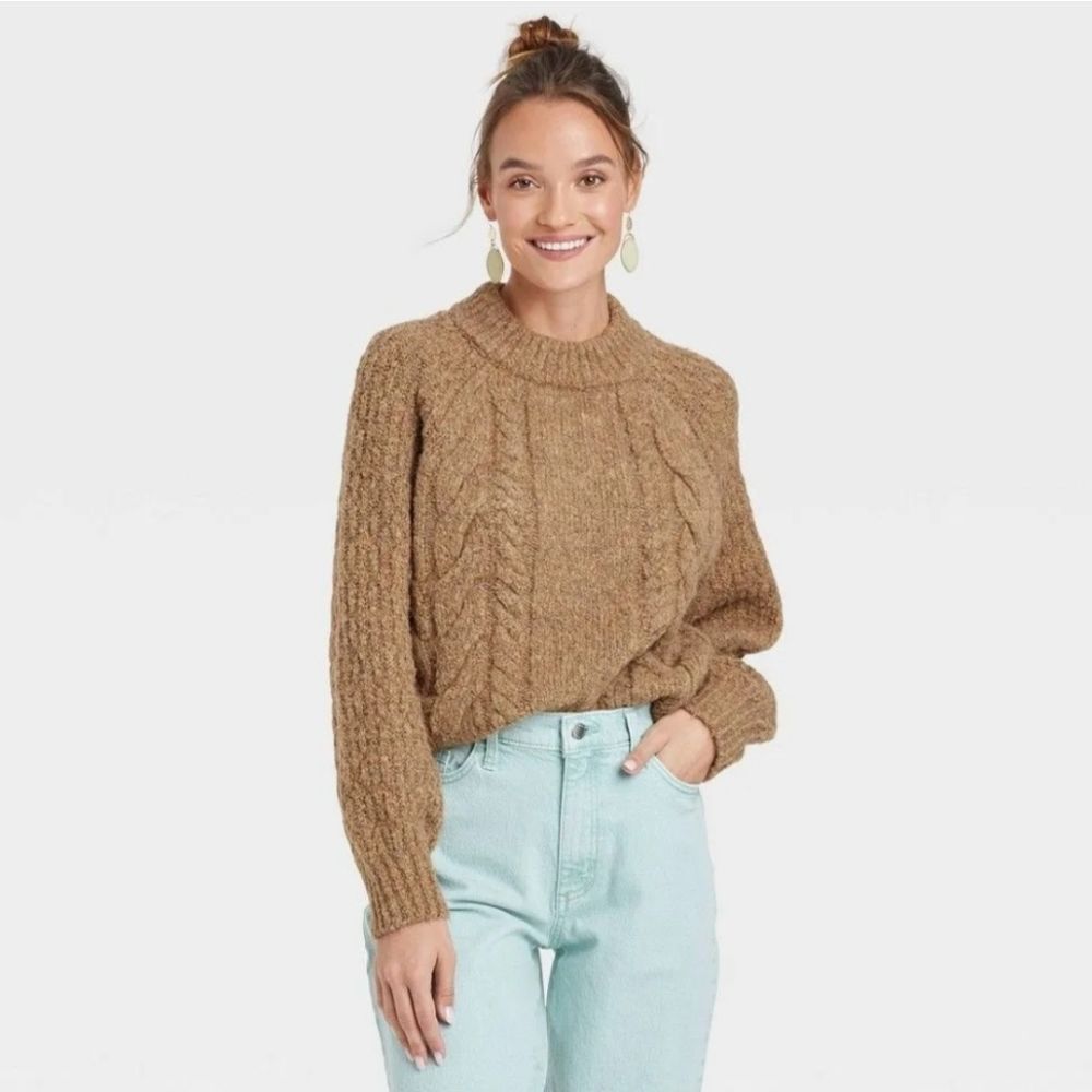 Universal Thread Mock Neck Cable Knit Chunky Brown Sweater